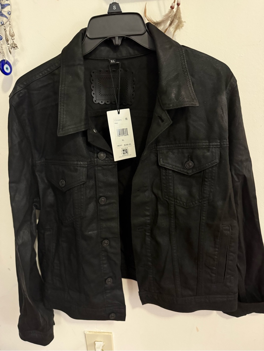 NWT 7 For All Mankind Coated Trucker Jacket XL Black Waxed Denim Rabbit Hole 7U9